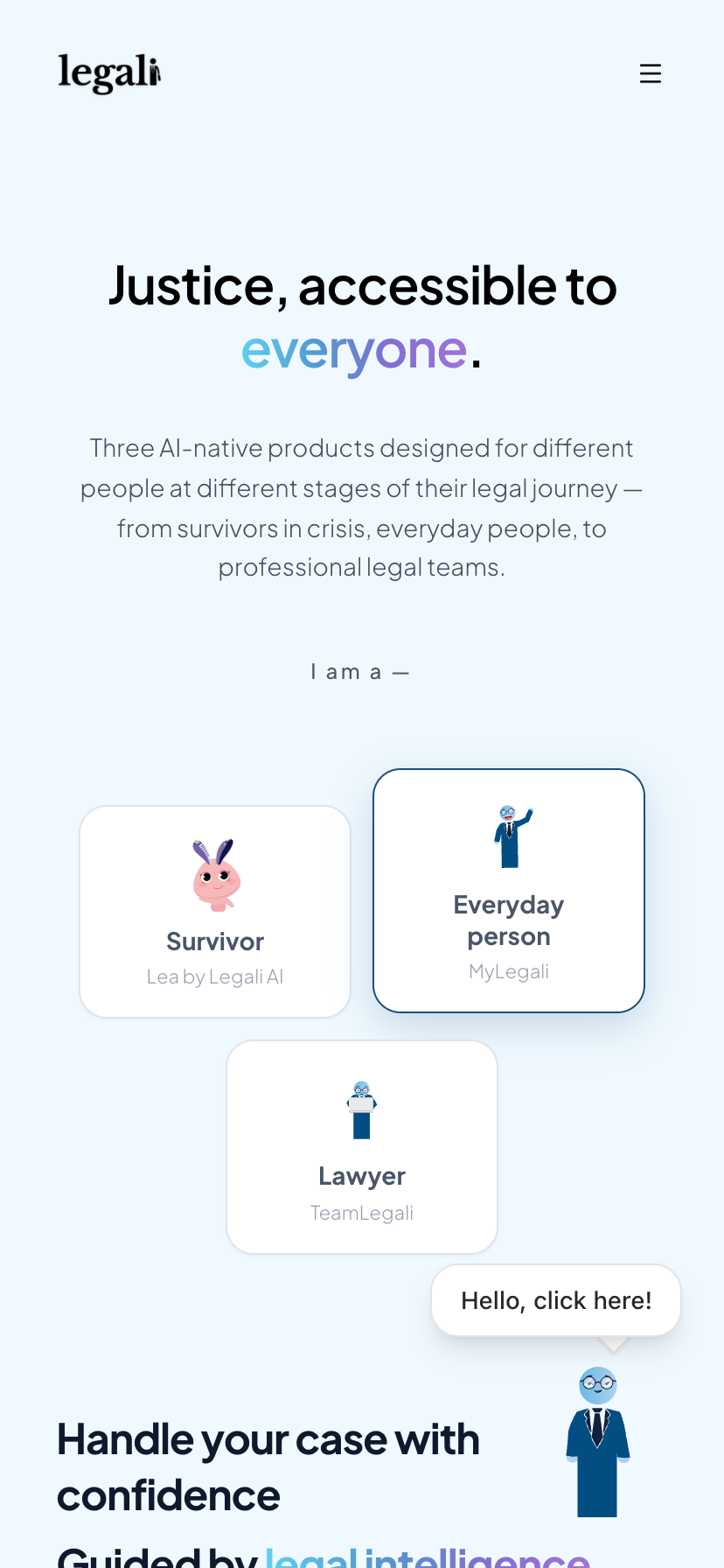 Legali marketing site — Justice, accessible to everyone, with three product personas — mobile