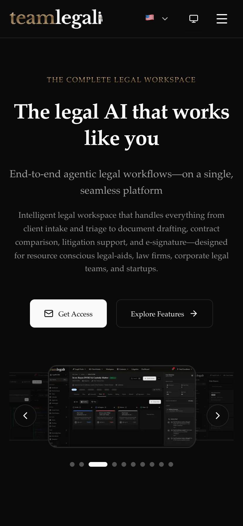 TeamLegali workspace — agentic legal AI workspace for firms and corporate teams — mobile