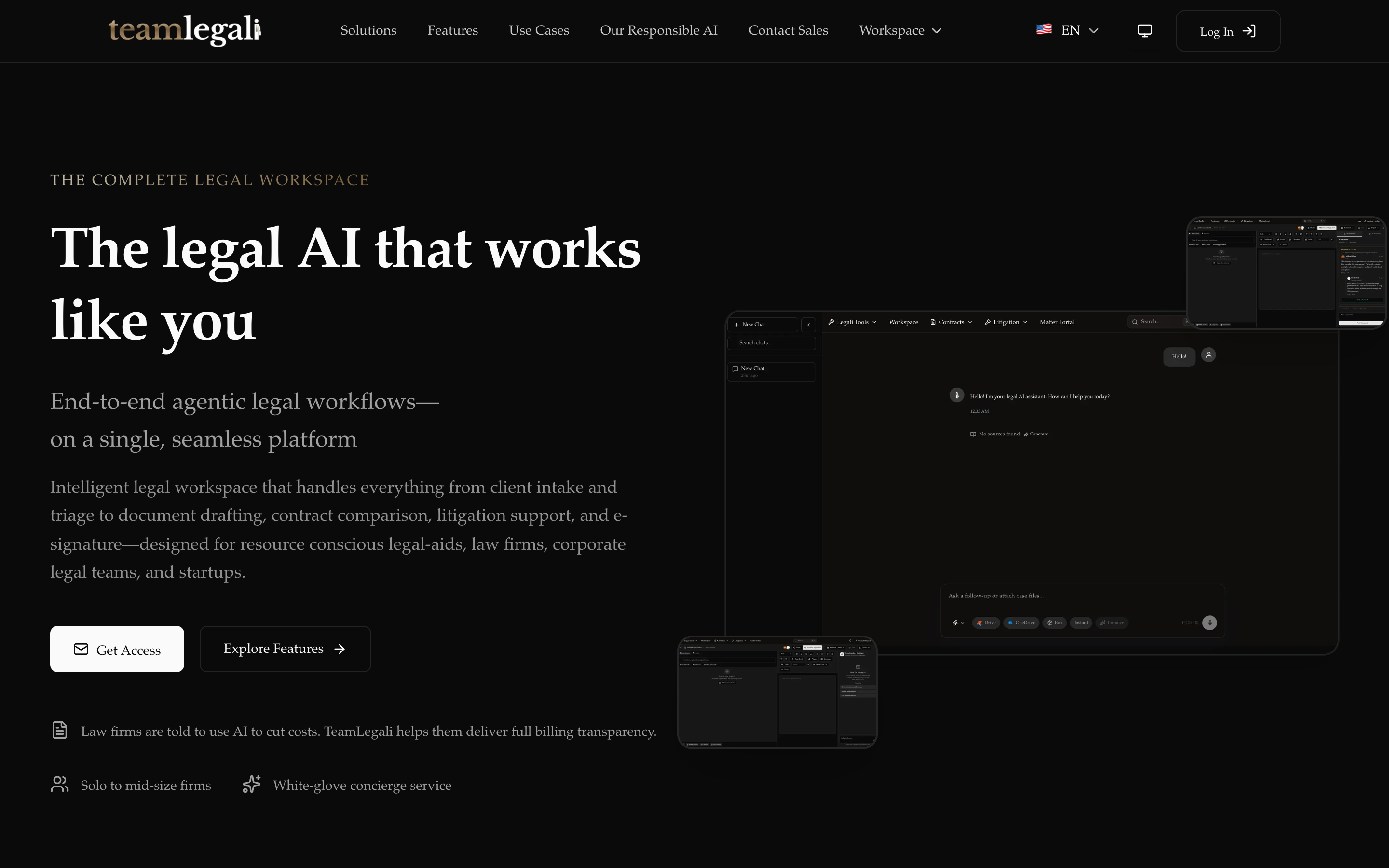 TeamLegali workspace — agentic legal AI workspace for firms and corporate teams