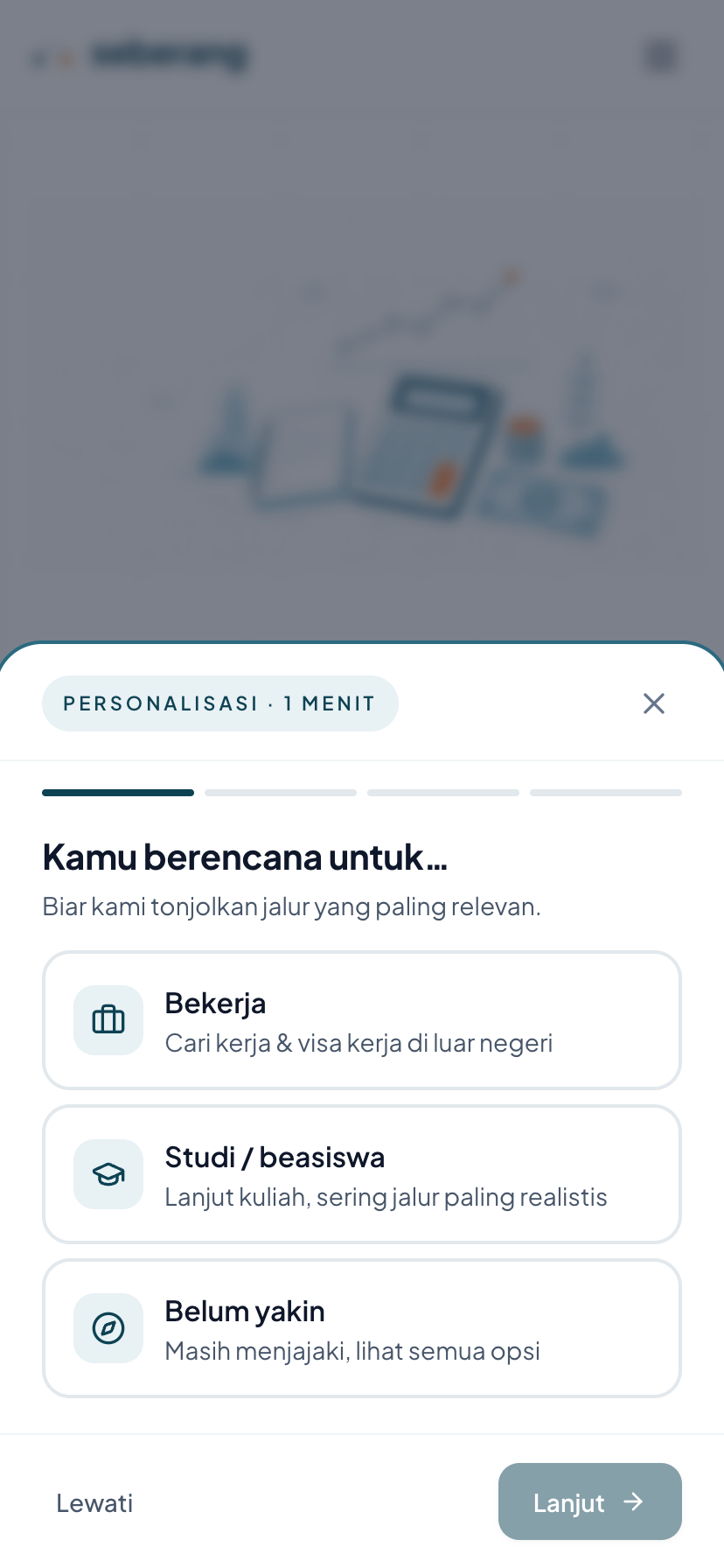 Seberang budget calculator — relocation cost estimate adapting to situation, with within/stretch/over status — mobile
