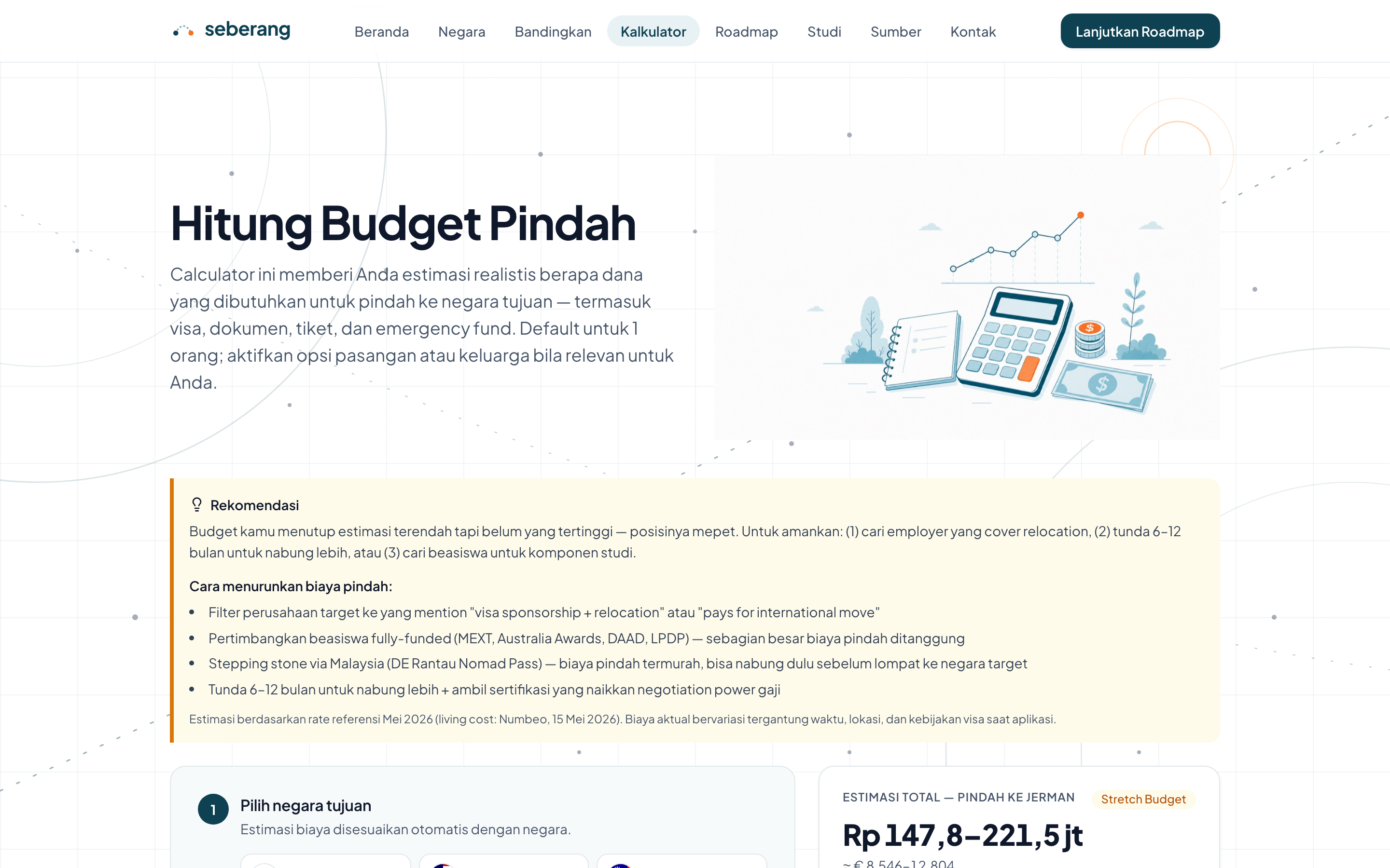 Seberang budget calculator — relocation cost estimate adapting to situation, with within/stretch/over status