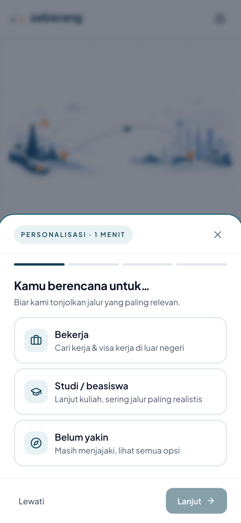Seberang homepage — "Pindah ke luar negeri itu mungkin" hero with 21 destinations, 24-month roadmap, and visa-pathway stats — mobile