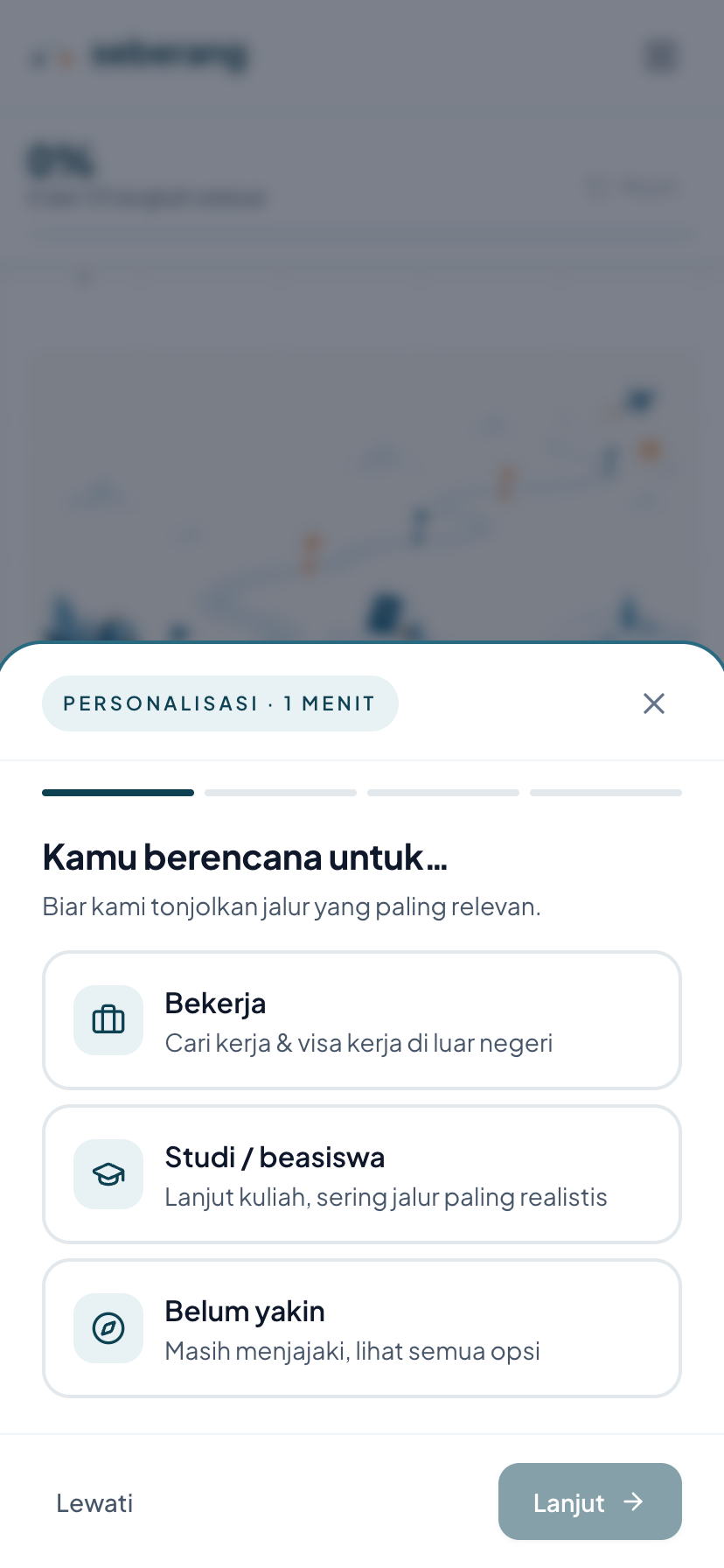 Seberang 24-month roadmap — staged checklist adapting to goal and destination, progress saved — mobile